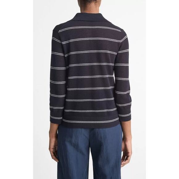 Vince Striped Navy White Italian Cotton Piqué Polo Top Sz XS Long Sleeve NWT - Picture 2 of 6
